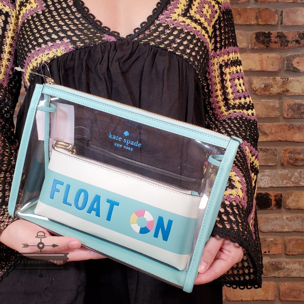 Kate Spade Pool Float Makeup Bag Duo Clear 2 In 1 Poolside Blue White Stripe NWT - Picture 3 of 3